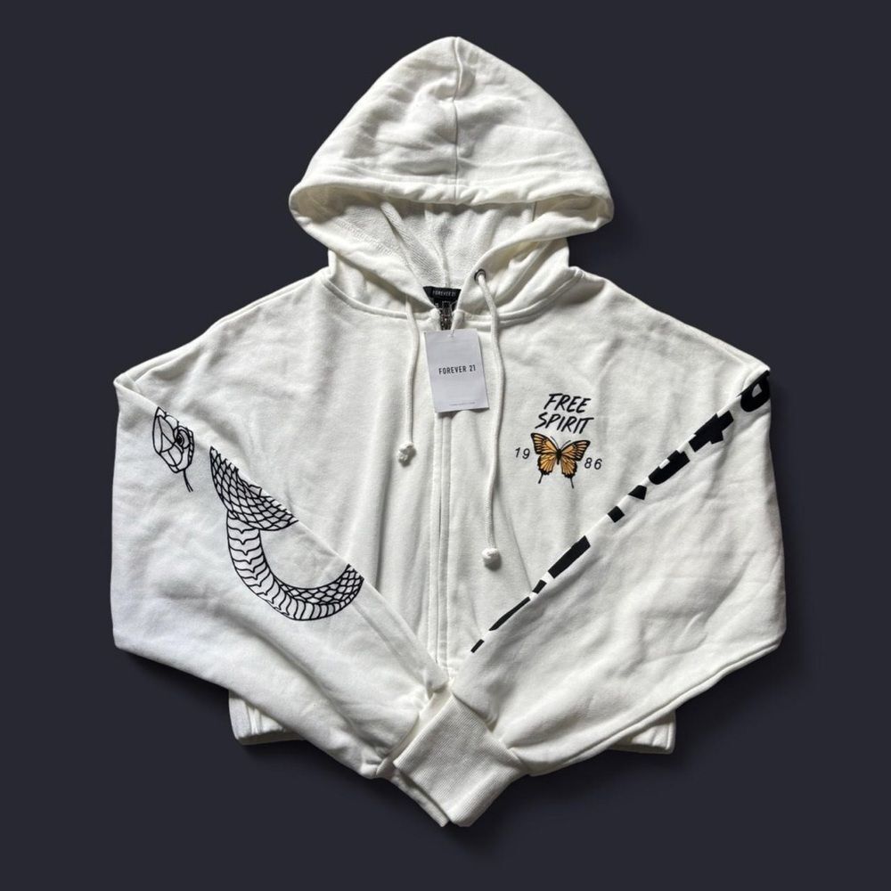 Forever 21 White Cropped Zip-up Hoodie